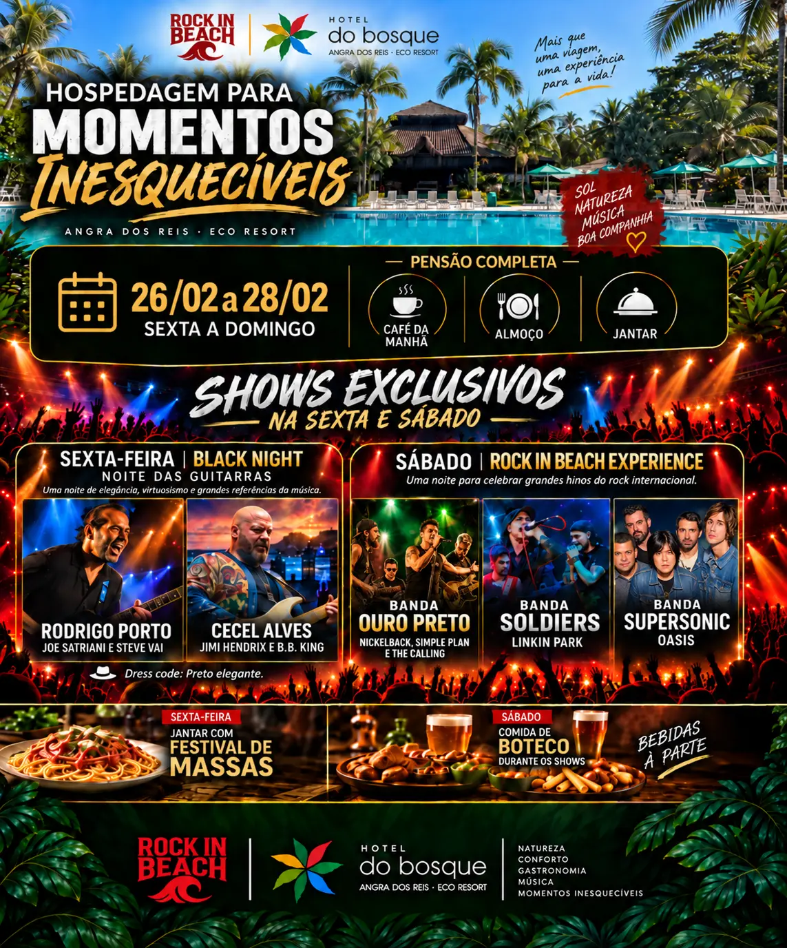 Oferta Rock in Beach 2027 no Hotel do Bosque, com hospedagem, pensão completa, shows exclusivos e condição especial para casal e crianças