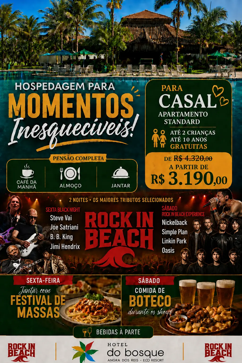 Oferta Rock in Beach no Hotel do Bosque, com hospedagem, refeições, shows e programação gastronômica